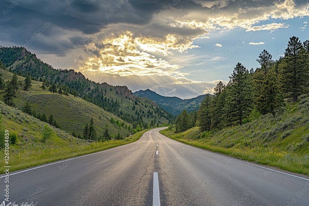 Scenic mountain road sunset, dramatic clouds, travel Scenic mountain road sunset, dramatic clouds, travel