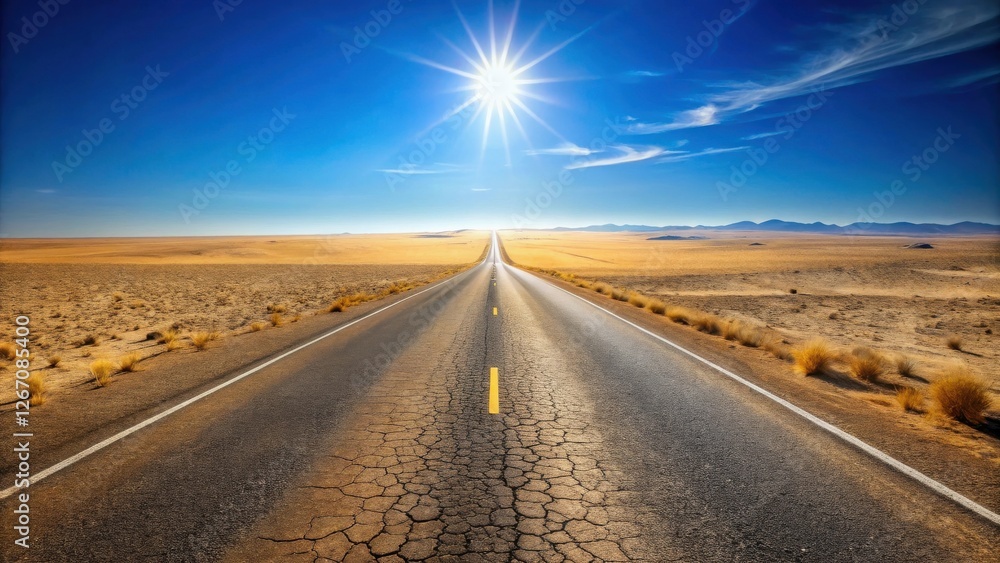 Naklejka premium A sun-drenched highway cuts through a vast, arid landscape under a brilliant blue sky.
