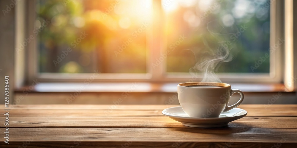 Aromatic Steam Rising from a Warm Mug of Coffee on Wooden Table by Sunny Window Aromatic Steam Rising from a Warm Mug of Coffee on Wooden Table by Sunny Window