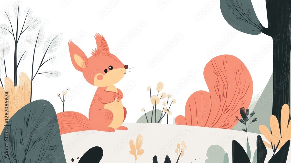 Fototapeta premium Cute squirrel stands in colorful forest scenery. Could be used in children's book illustration