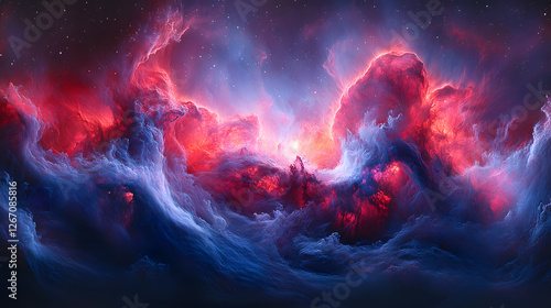 Celestial Symphony: An artistic digital rendering unveils the grandeur of a nebula, painted with cosmic hues, swirling with vibrant reds, blues, and purples. photo