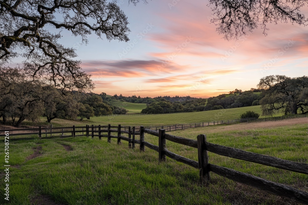 Rustic fence, sunset pasture, rolling hills, peaceful landscape, pastoral scene Rustic fence, sunset pasture, rolling hills, peaceful landscape, pastoral scene