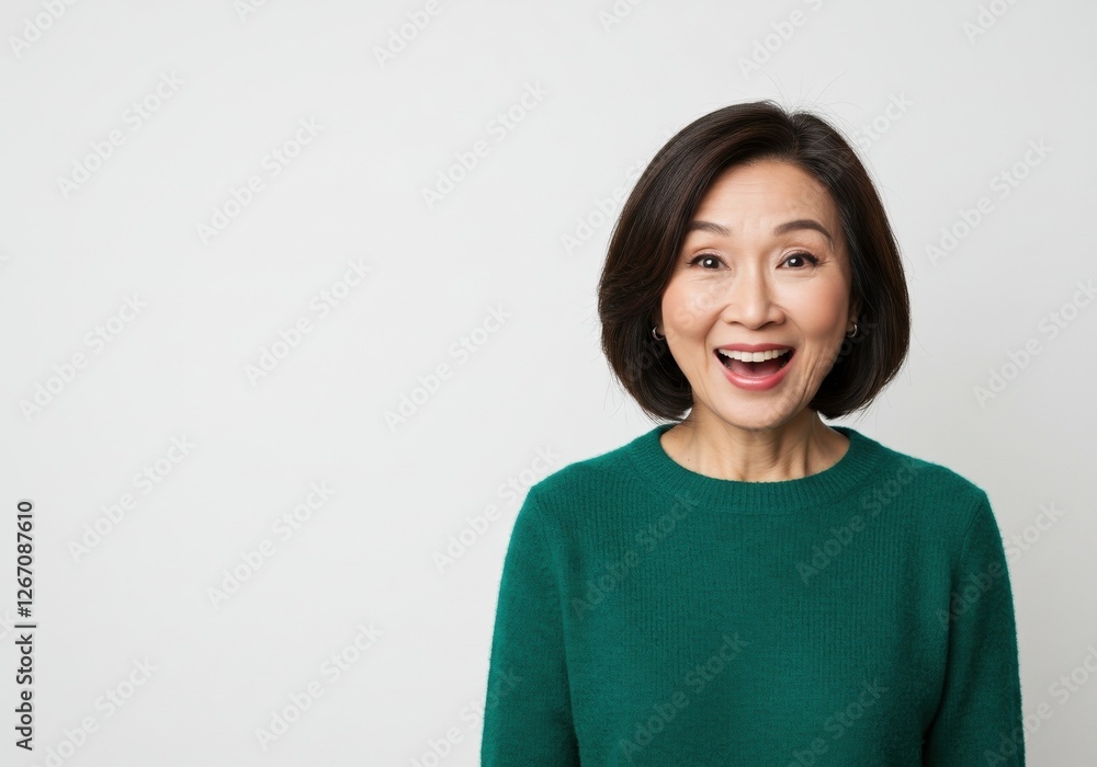Cheerful Middle-Aged Woman Smiling in Green Sweater on White Background for Lifestyle and Happiness Concepts Cheerful Middle-Aged Woman Smiling in Green Sweater on White Background for Lifestyle and Happiness Concepts