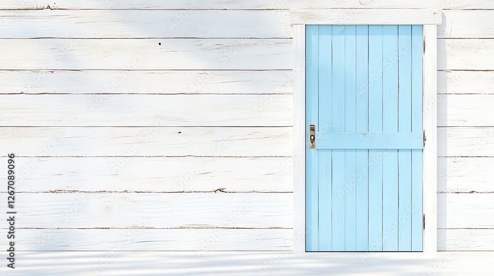 Minimalist white wooden wall with a pastel blue door, offering a serene and clean aesthetic. Minimalist white wooden wall with a pastel blue door, offering a serene and clean aesthetic.