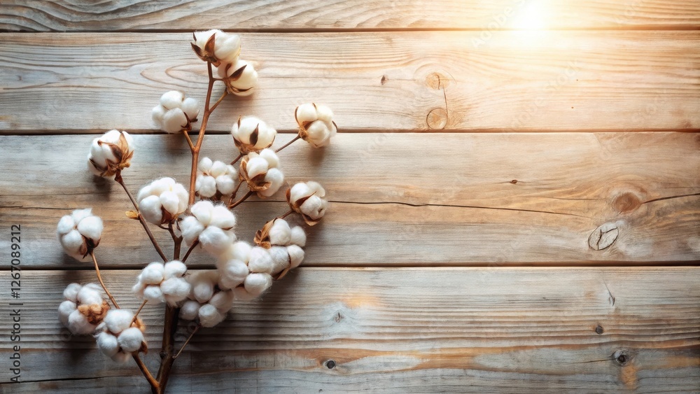 Rustic wooden surface with a branch of fluffy cotton bolls, bathed in warm sunlight. Rustic wooden surface with a branch of fluffy cotton bolls, bathed in warm sunlight.