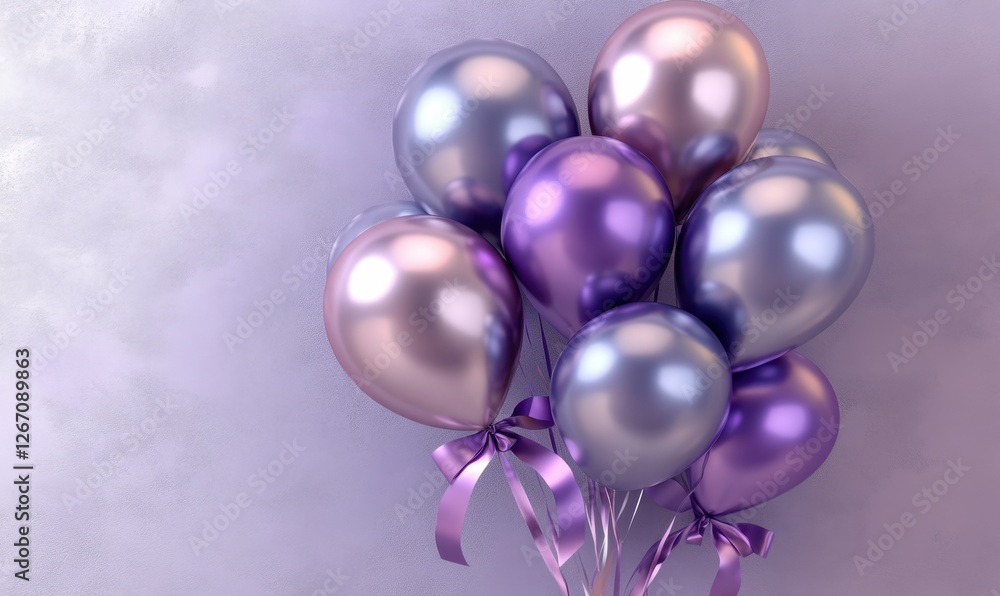 Fototapeta premium A vibrant cluster of shiny balloons in shades of purple and silver against a soft pastel background