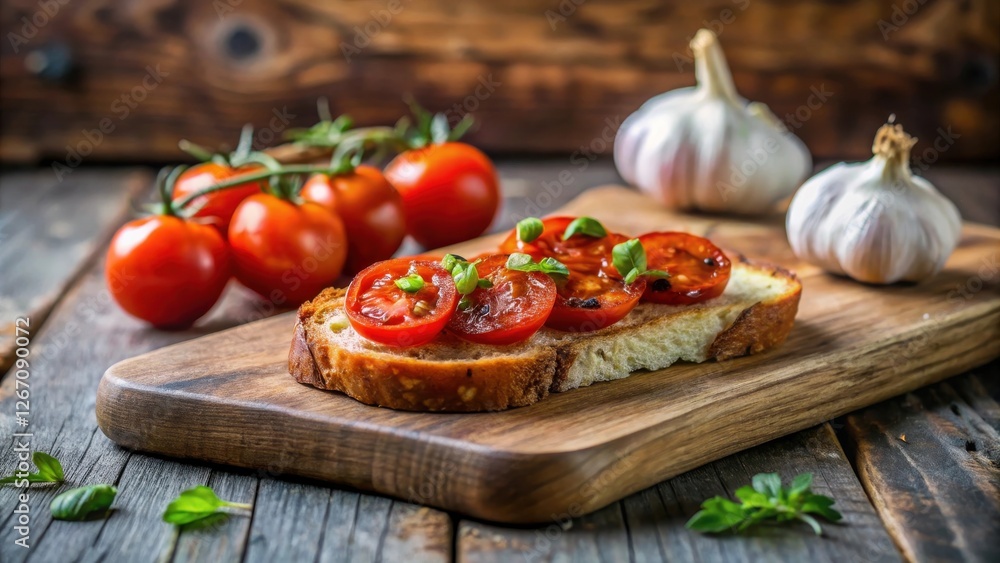 Roasted tomato and basil bruschetta on toasted bread, served on a rustic wooden board with garlic cloves.