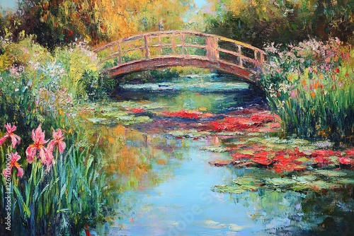 Impressionistic Painting of a Peaceful Garden Pond with a Bridge