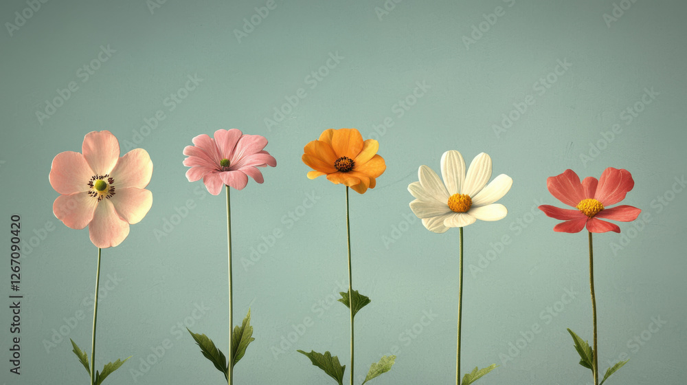 Obraz premium Five colorful flowers with long stems against soft blue background create whimsical and charming display. flowers are arranged in row, showcasing their delicate petals and vibrant hues