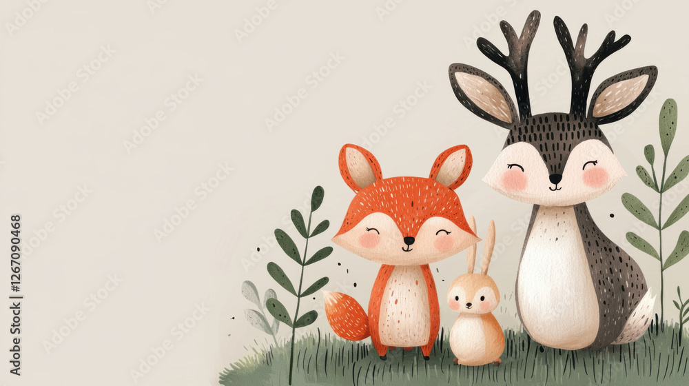 Charming woodland creatures, including fox, rabbit, and deer, stand together in playful setting surrounded by greenery, evoking sense of warmth and friendship