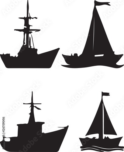 set of silhouettes of sailing ships