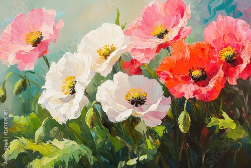 Vibrant Poppy Bouquet Painting, showcasing a profusion of colorful blooms.
