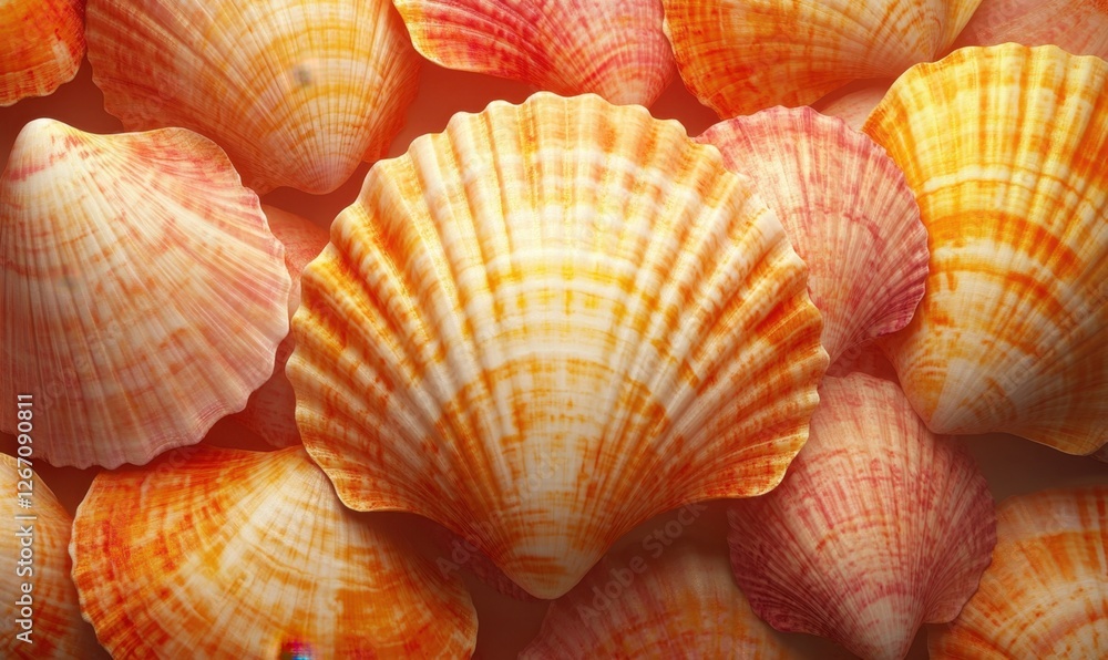 A vibrant collection of orange and pink seashells arranged closely, showcasing their intricate patterns A vibrant collection of orange and pink seashells arranged closely, showcasing their intricate patterns