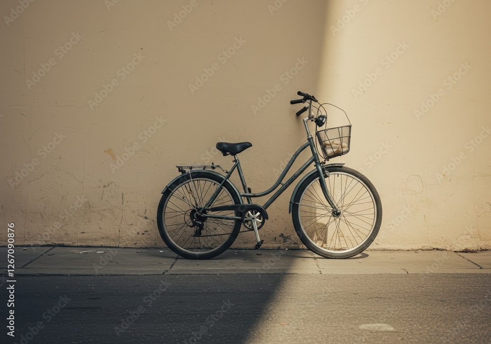 Obraz premium Urban Bicycle Leaning Against Sunlit Wall on Quiet Street â€“ Perfect for Travel and Lifestyle Design Uses