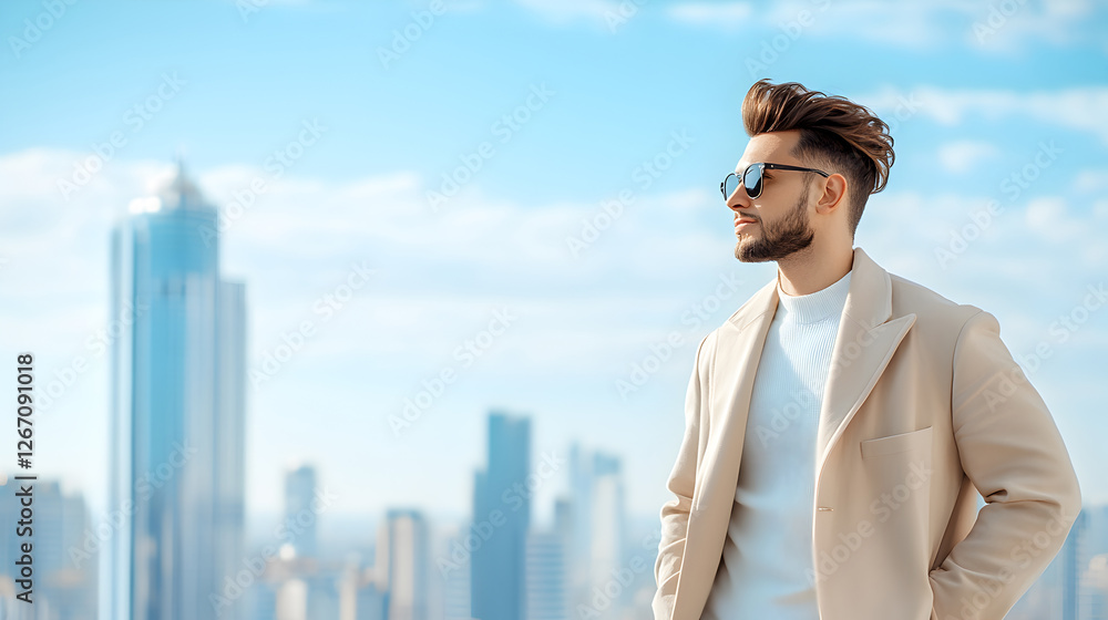 Modern urban businessman with sunglasses, standing in front of a cityscape with a confident expression. Great for career inspiration, lifestyle branding, or personal growth themes. Selective focus Modern urban businessman with sunglasses, standing in front of a cityscape with a confident expression. Great for career inspiration, lifestyle branding, or personal growth themes. Selective focus