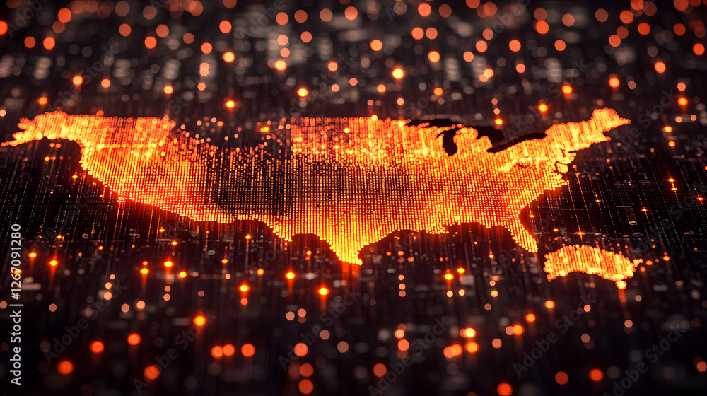 Fototapeta premium Digital Pulse of a Nation: A mesmerizing, glowing map of a country, vividly illustrating the country's technological infrastructure and digital footprint with a high-tech, energetic feel.