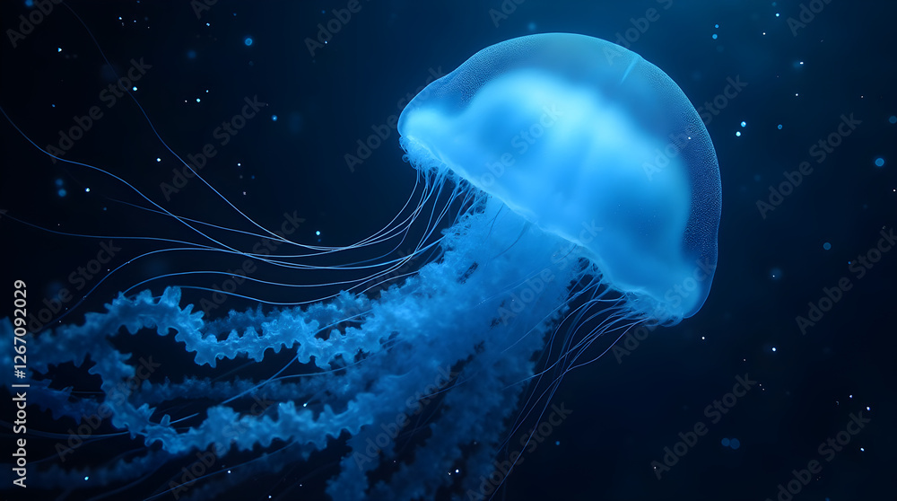Naklejka premium Glowing Blue Jellyfish in Deep Ocean Water - Underwater Marine Life Photography - Bioluminescent Sea Creature Stock Image