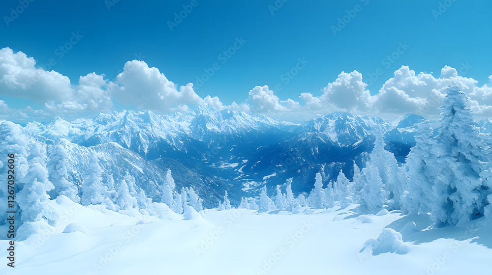 Winter Wonderland: Captivating view of a snow-covered mountain range, with frosted trees and fluffy clouds, embodying the serene beauty of a winter landscape. Winter Wonderland: Captivating view of a snow-covered mountain range, with frosted trees and fluffy clouds, embodying the serene beauty of a winter landscape.