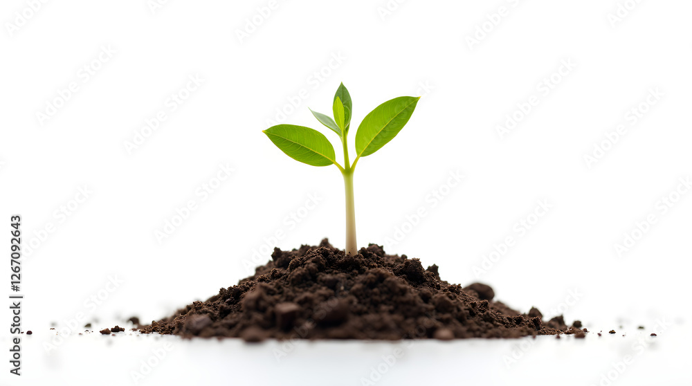 Seedling Sprout Growing in Soil: Close-Up of Young Plant with Green Leaves on White Background, Symbolizing New Life, Growth, and Environmental Sustainability Seedling Sprout Growing in Soil: Close-Up of Young Plant with Green Leaves on White Background, Symbolizing New Life, Growth, and Environmental Sustainability