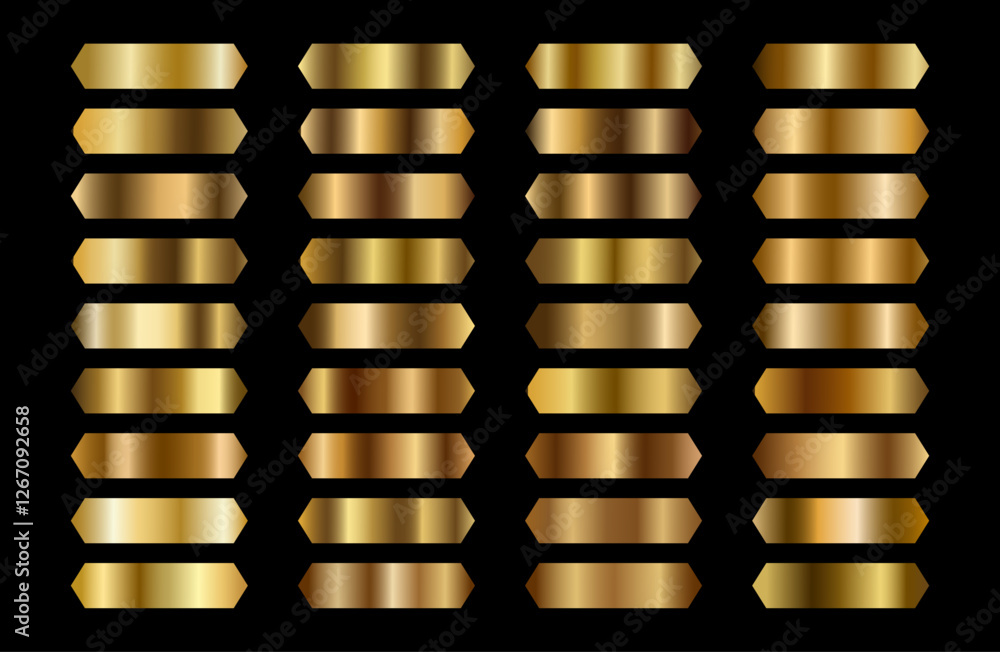 Set of gold metal gradients, gold, bronze, white gold, rose gold. Palette of coin. Aluminum. Collection foil. Luxury effect. Background. Texture ribbon. Gradation. Premium seamless badge. Shiny icon. Set of gold metal gradients, gold, bronze, white gold, rose gold. Palette of coin. Aluminum. Collection foil. Luxury effect. Background. Texture ribbon. Gradation. Premium seamless badge. Shiny icon.