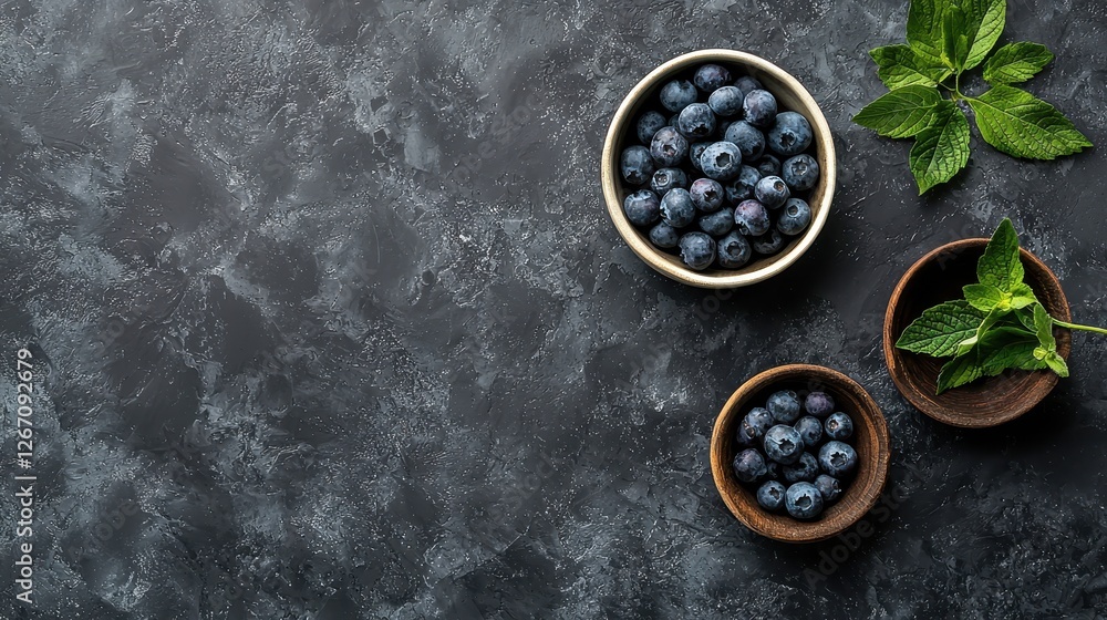 Fresh Blueberries and Mint Leaves on Dark Textured Surface Fresh Blueberries and Mint Leaves on Dark Textured Surface