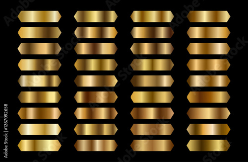 Set of gold metal gradients, gold, bronze, white gold, rose gold. Palette of coin. Aluminum. Collection foil. Luxury effect. Background. Texture ribbon. Gradation. Premium seamless badge. Shiny icon. 