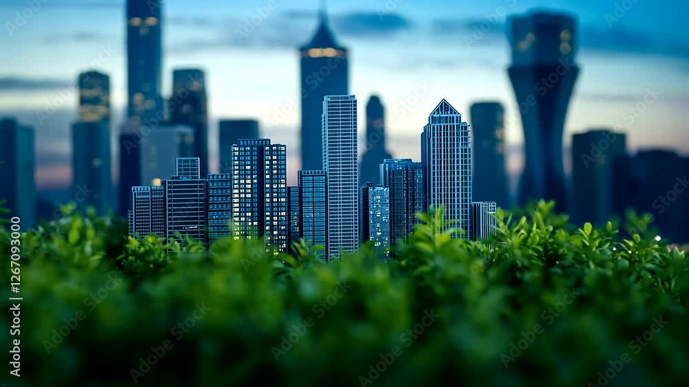 Miniature city skyline viewed through lush greenery Miniature city skyline viewed through lush greenery