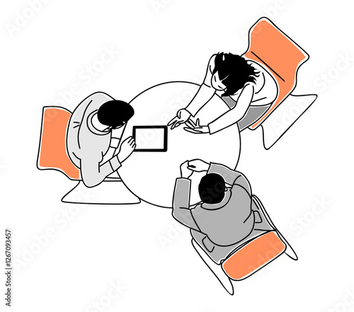 Three people are sitting around a table with a tablet in the middle. They are all looking at the tablet, possibly discussing something. Scene is collaborative and focused teamwork. Vector isolated.