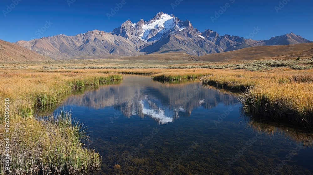 Majestic mountain landscape with clear reflection in tranquil water, surrounded by golden grasslands Majestic mountain landscape with clear reflection in tranquil water, surrounded by golden grasslands