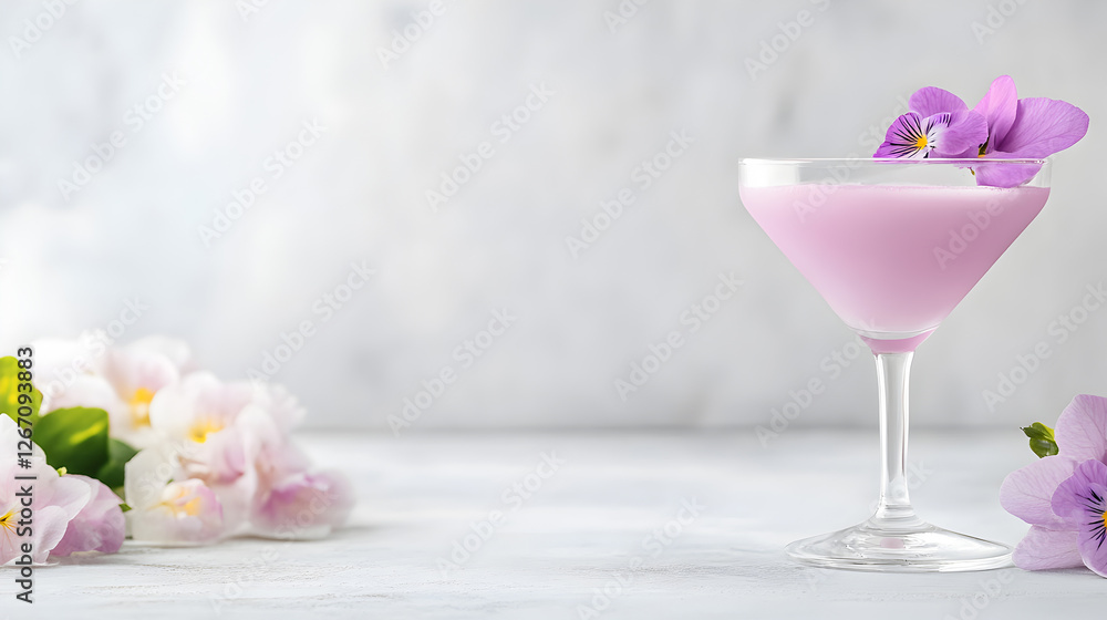 Elegant purple cocktail in martini glass garnished with fresh flowers on soft background. Ideal for bar menus, luxury drinks, or cocktail photography. Selective focus Elegant purple cocktail in martini glass garnished with fresh flowers on soft background. Ideal for bar menus, luxury drinks, or cocktail photography. Selective focus