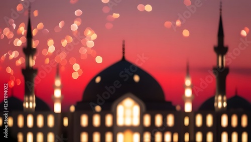 Wallpaper Mural A deep sunset-toned red and orange blurred background with softly glowing mosque windows and shimmering bokeh lights3 Torontodigital.ca