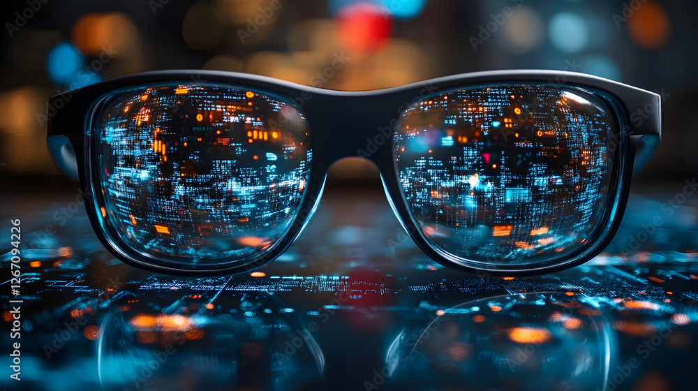 Vision of the Future: A pair of sleek eyeglasses reflect a vibrant, intricate digital landscape, symbolizing the convergence of technology and vision, against a blurred, futuristic backdrop.