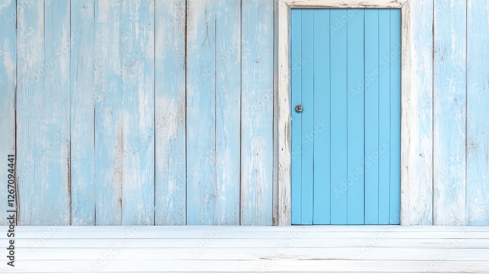 Rustic light blue wooden door on a matching plank wall, minimal and serene design. Rustic light blue wooden door on a matching plank wall, minimal and serene design.