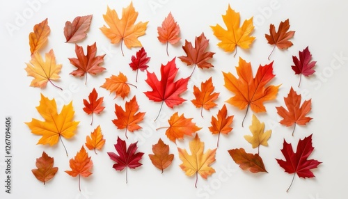 Vibrant autumn leaves arrangement on white background. Fall foliage for seasonal design