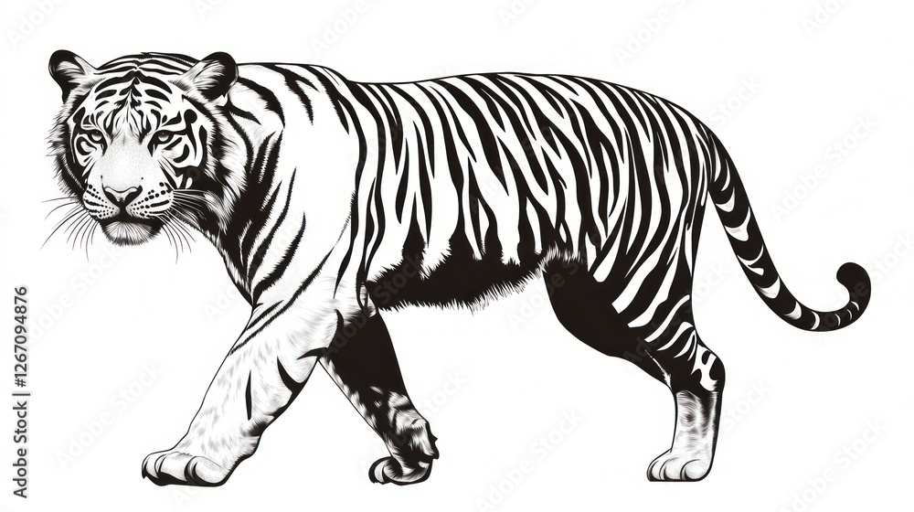 Fototapeta premium Walking tiger, white background, wildlife illustration, zoology, education