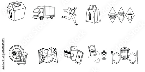 A set of vector icons in a clean, modern linear style representing Food Delivery concepts