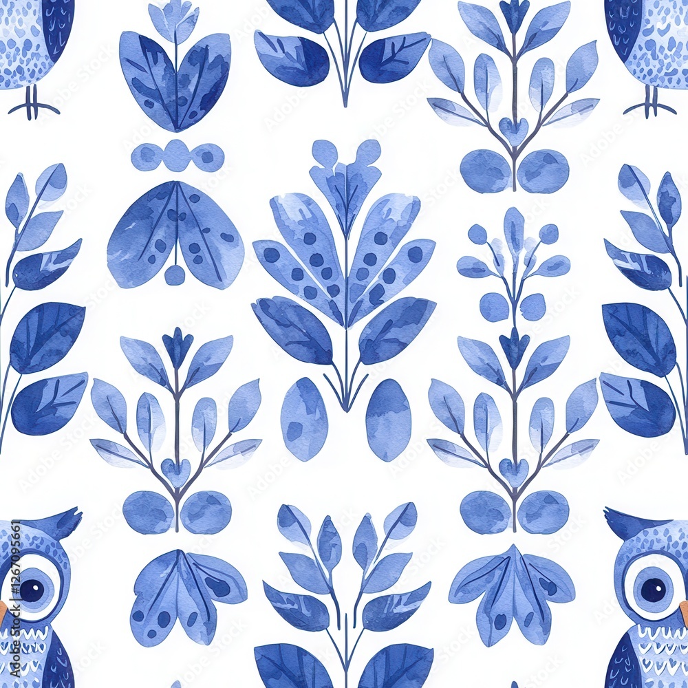 Fototapeta premium Watercolor illustration of seamless boho animals. A vibrant blue floral and owl pattern on a white background, showcasing artistic, whimsical designs.