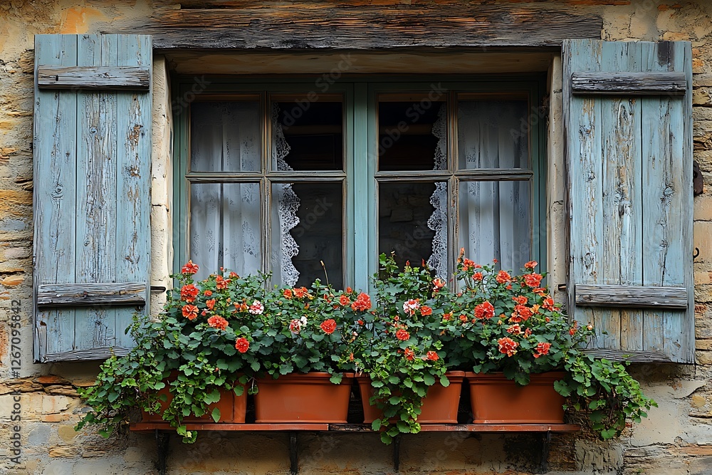 Charming rustic window with blue shutters adorned by vibrant red flowers in pots Charming rustic window with blue shutters adorned by vibrant red flowers in pots