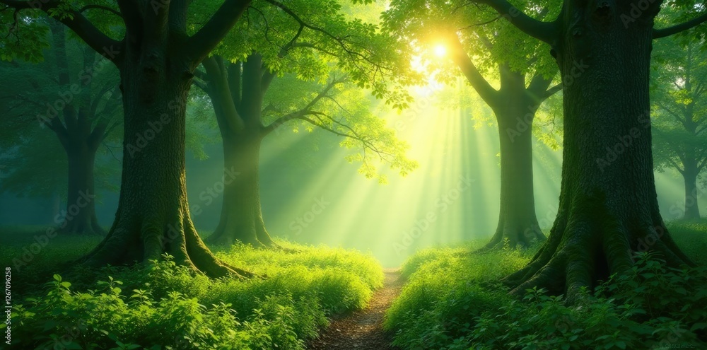 Naklejka premium Sunlight filtering through trees in an enchanted forest, green, light, nature