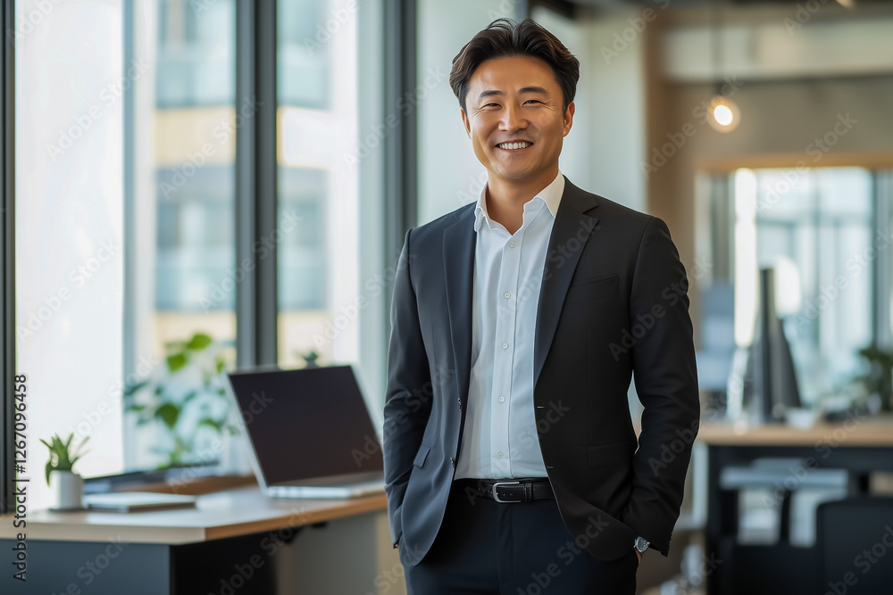 A smiling Asian businessman wearing a stylish black suit and white shirt, standing proudly in a modern office A smiling Asian businessman wearing a stylish black suit and white shirt, standing proudly in a modern office