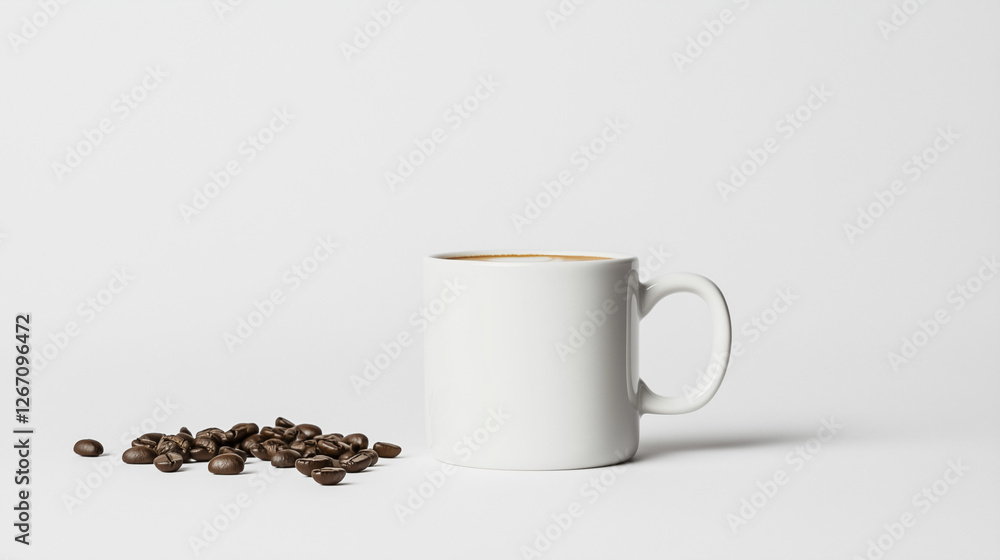 Obraz premium Morning Coffee: A simple, elegant photo of a white mug filled with coffee, accompanied by a small pile of dark roasted coffee beans. Perfect for minimalist designs and coffee-related projects.
