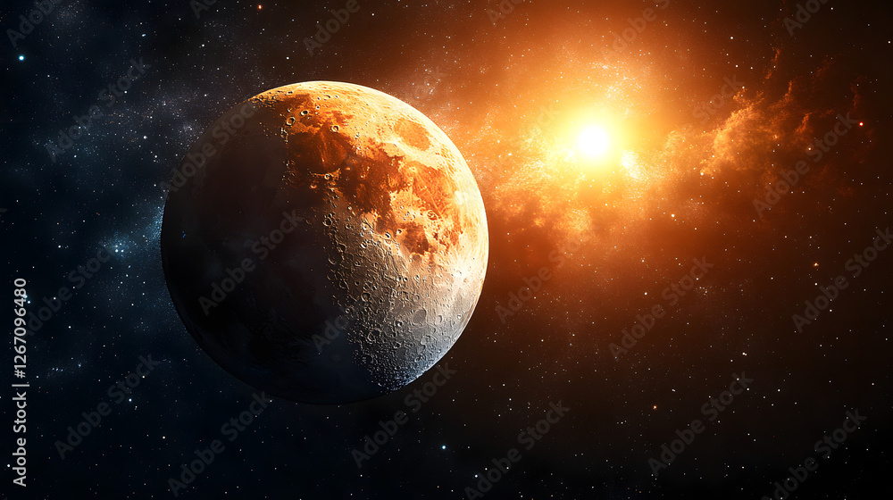 Fototapeta premium Celestial Symphony: A vibrant cosmic vista unfolds, where a majestic, textured planet dances in the embrace of a radiant star, a spectacle of light and shadow.
