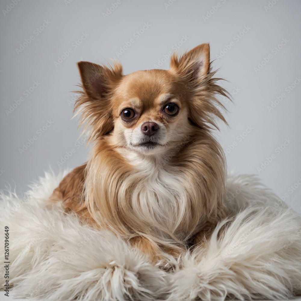 A long-haired Chihuahua lying down, fluffy coat, and expressive eyes, with a small bow on its head, on a pure white background. A long-haired Chihuahua lying down, fluffy coat, and expressive eyes, with a small bow on its head, on a pure white background.