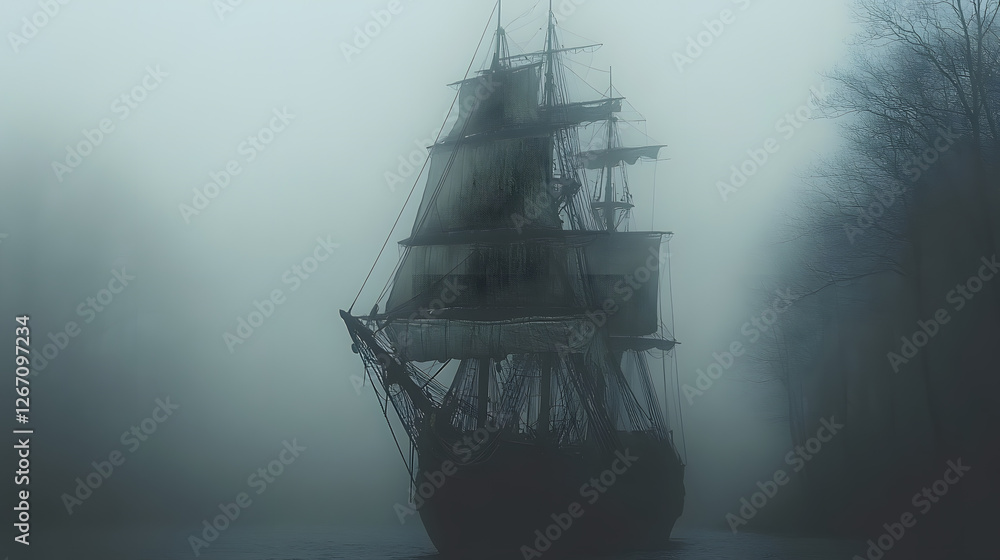 Ghostly Voyage: A haunting image of a historical sailing ship, shrouded in a thick, mysterious fog, sails silently through the water, evoking a sense of adventure and the unknown. Ghostly Voyage: A haunting image of a historical sailing ship, shrouded in a thick, mysterious fog, sails silently through the water, evoking a sense of adventure and the unknown.