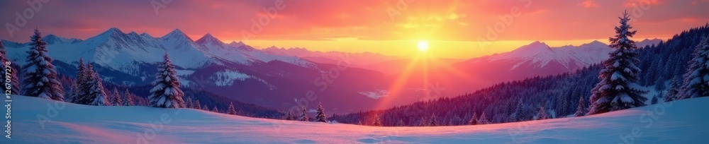 The sun dips below the horizon casting a warm orange glow over the serene winter landscape with snow-covered mountains and pine trees, golden glow, serene, frosty The sun dips below the horizon casting a warm orange glow over the serene winter landscape with snow-covered mountains and pine trees, golden glow, serene, frosty