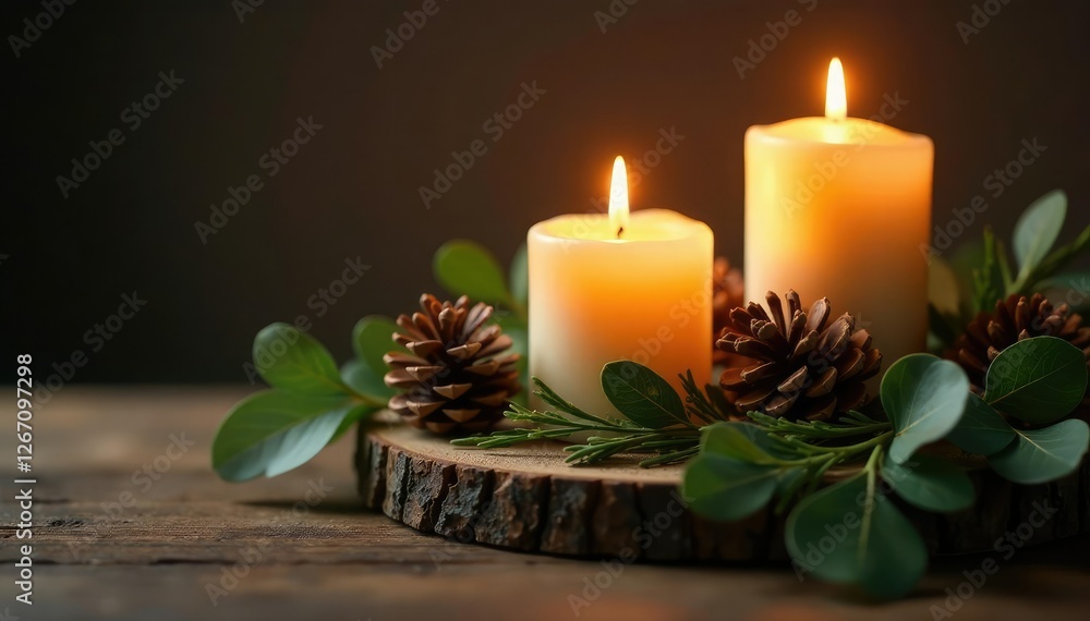 The warm glow of a candlelit wooden branch wrapped with eucalyptus and adorned with pinecones, pinecones, festive The warm glow of a candlelit wooden branch wrapped with eucalyptus and adorned with pinecones, pinecones, festive