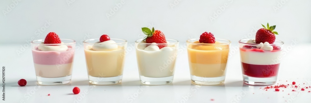 Tiny desserts in delicate glass containers on pristine white surface, parfait, white background, dessert photography Tiny desserts in delicate glass containers on pristine white surface, parfait, white background, dessert photography
