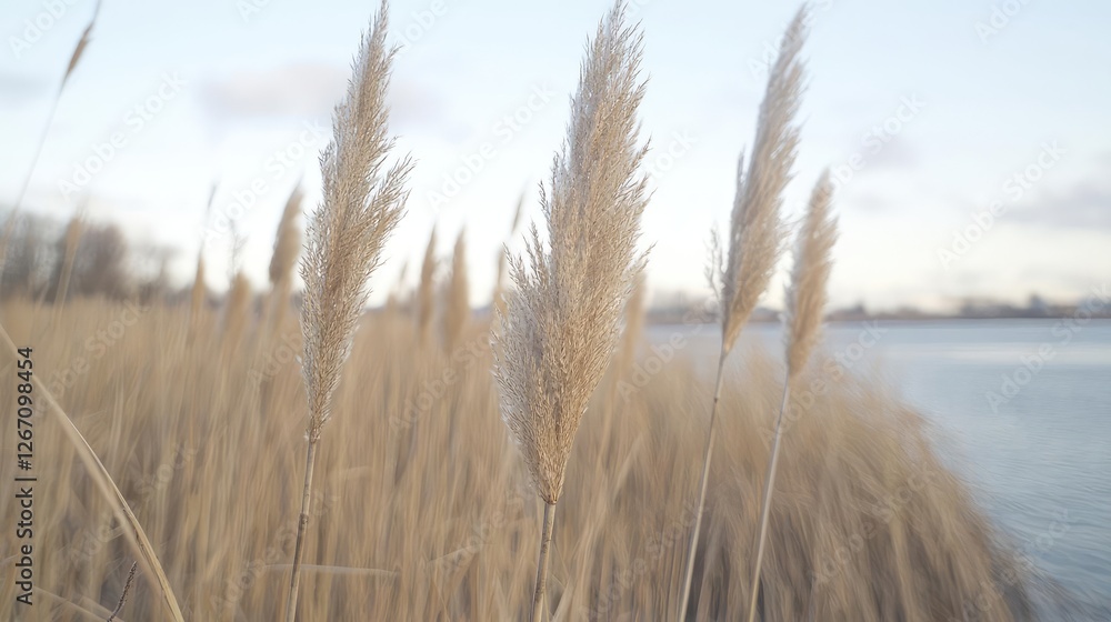 Obraz premium Pampas grass by lake, winter sunset, nature background, peaceful scene