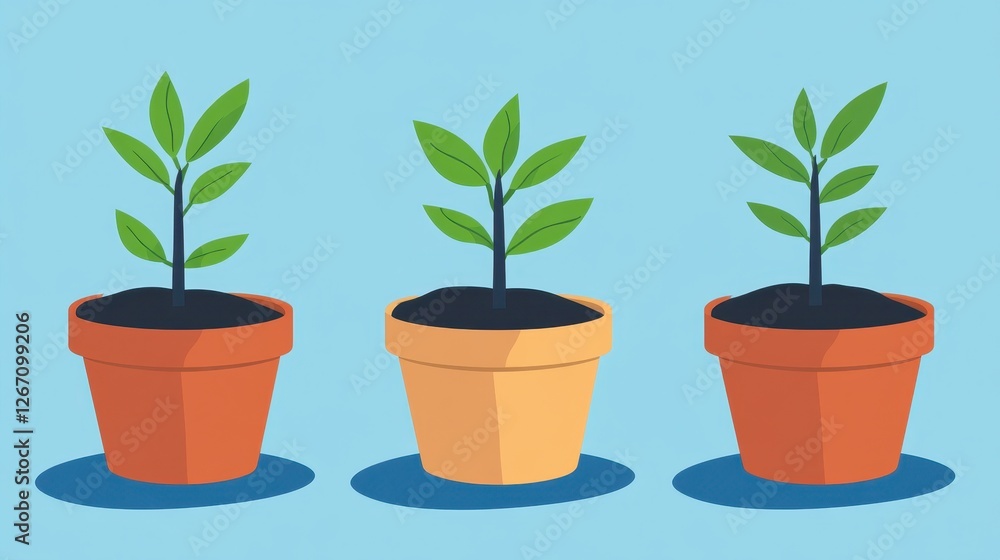 Obraz premium Three Colorful Potted Plants with Green Leaves on a Blue Background