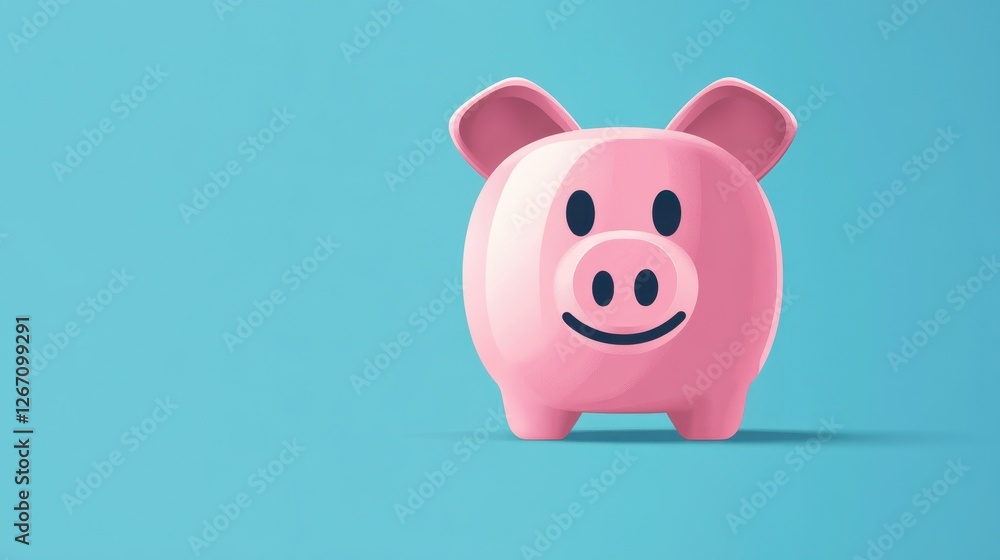 Cute Pink Piggy Bank with Smiling Face on Blue Background Cute Pink Piggy Bank with Smiling Face on Blue Background